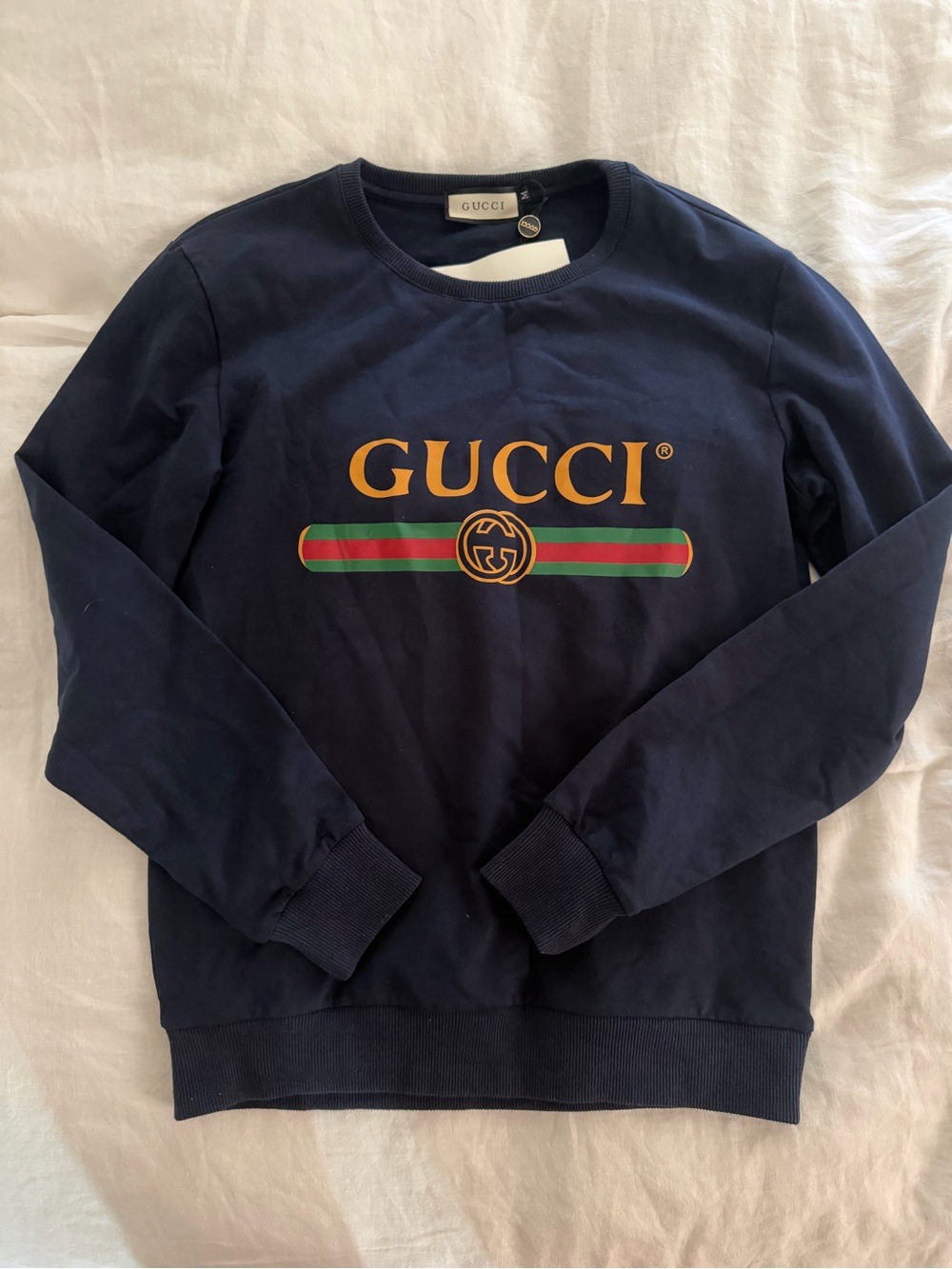Gucci Navy Crewneck Sweatshirt with Gold Logo and Green-Red Stripe